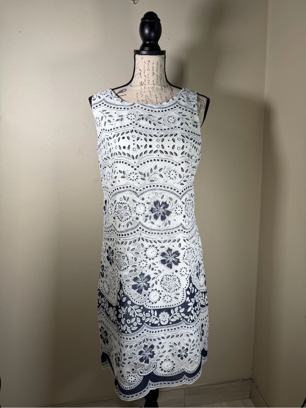 Eliza J Navy and White Floral Eyelet Shift Midi Dress